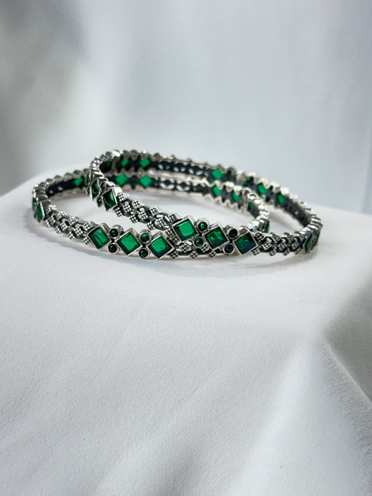 925 Silver Bangle| Aasma Semi Precious Emerald Stone Rawa Silver Bangles