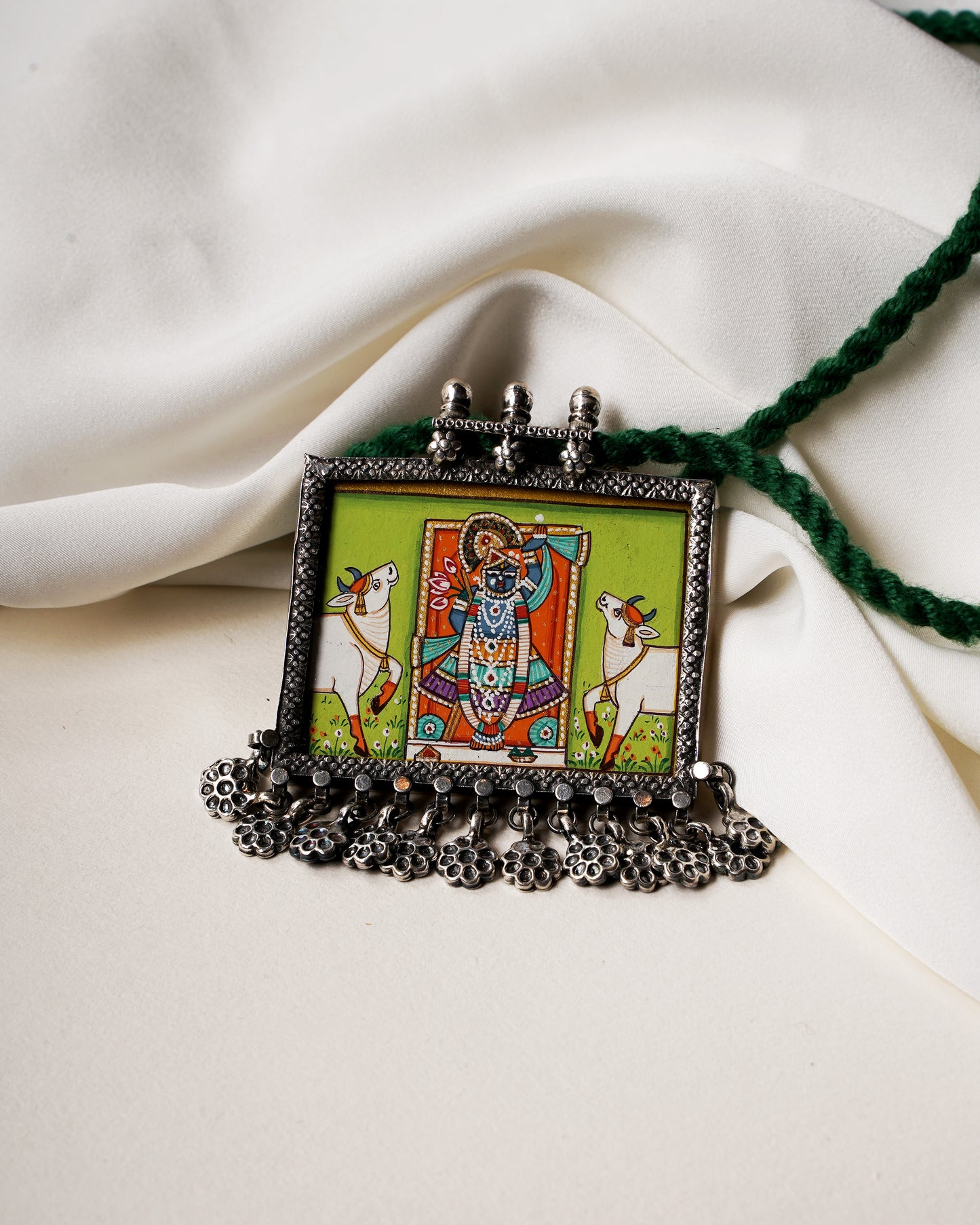 925 Silver Necklace| Hasthkala Handpainted Silver Shreenaath Ji Pendant Necklace