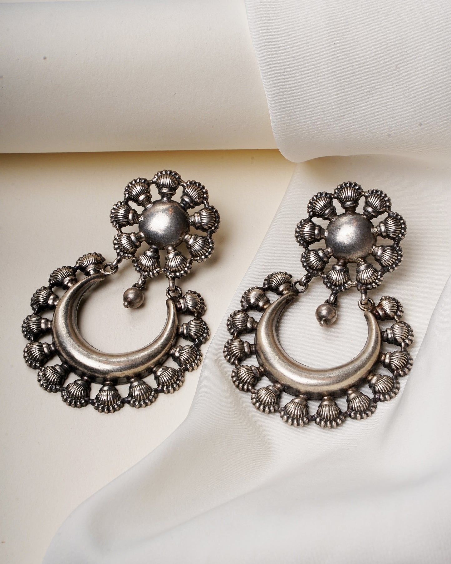 925 Silver Earrings| Rawa Work Silver Chand Baliya Earring