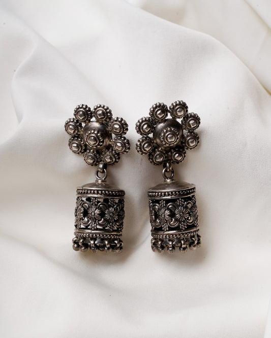 925 Silver Earrings| Oxidised Silver Floral Jhumka