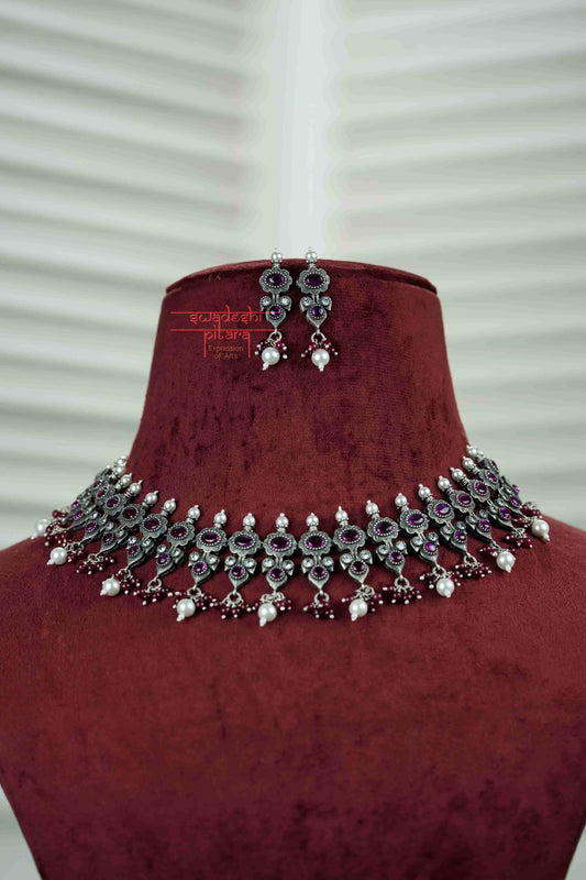 Kolhapuri Work Silver necklace Set with ruby kota-Stone