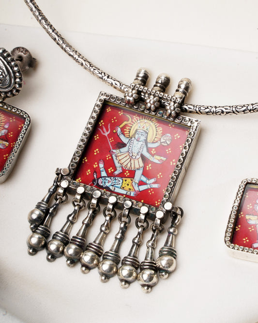 925 Silver Necklace| Hasthkala Handpainted Maa Kaali Necklace Set With Earrings