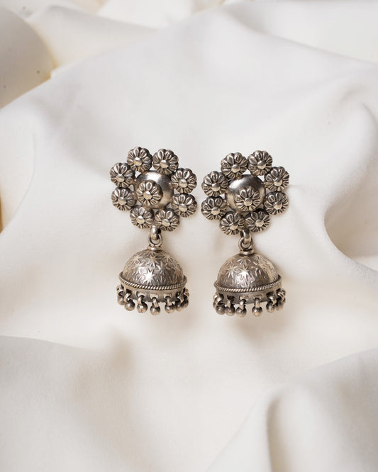 925 Silver Earrings| Silver Floral Dome Jhumka Earrings