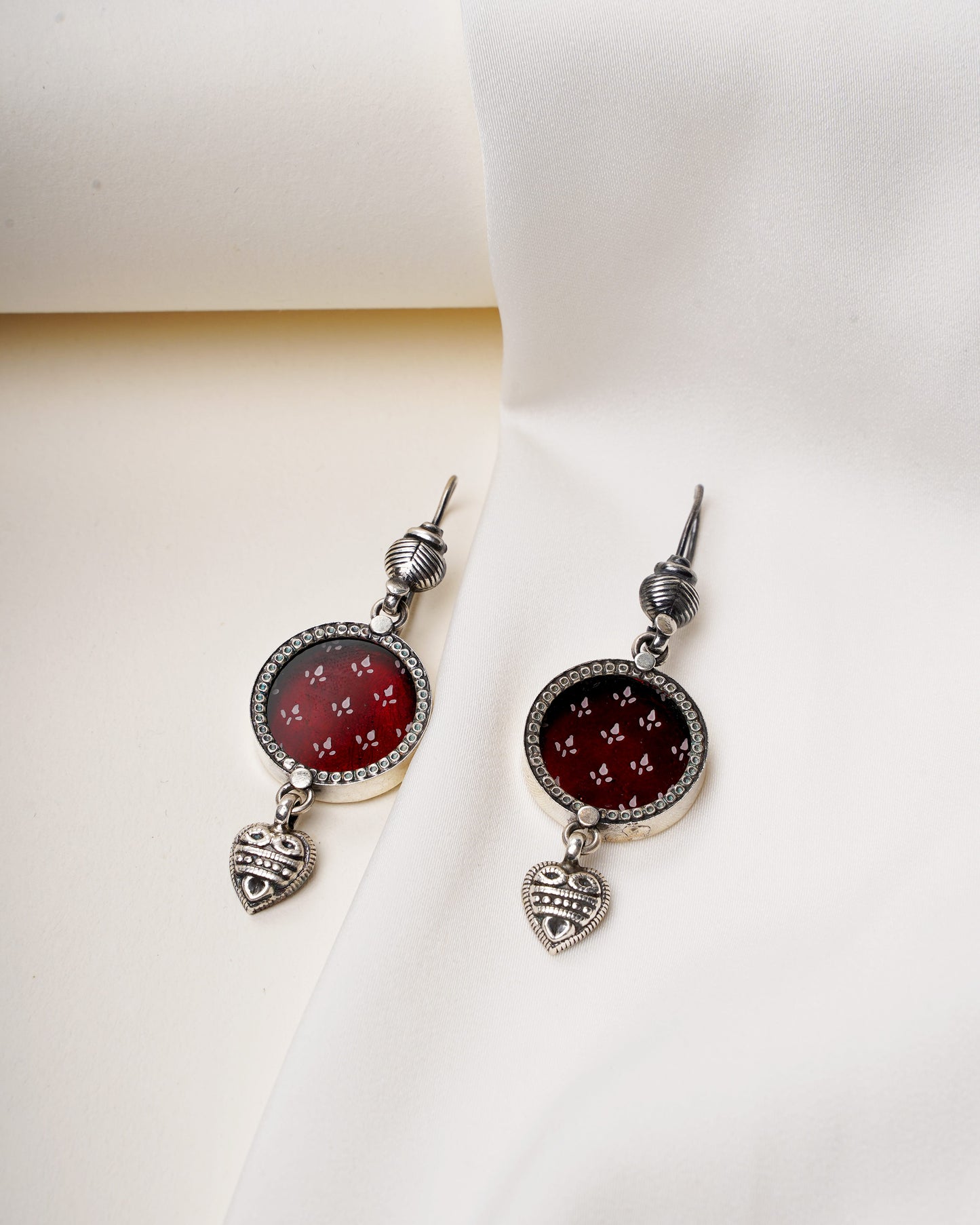 925 Silver Earrings |Magenta Fish Hook Hasthkala Silver Earrings