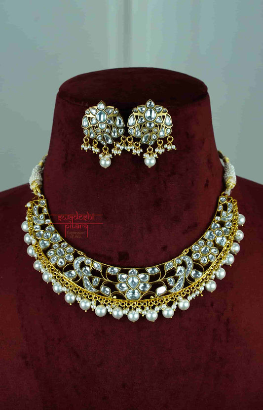 Swarn 925 Silver Gold Polished Kundan Necklace Set