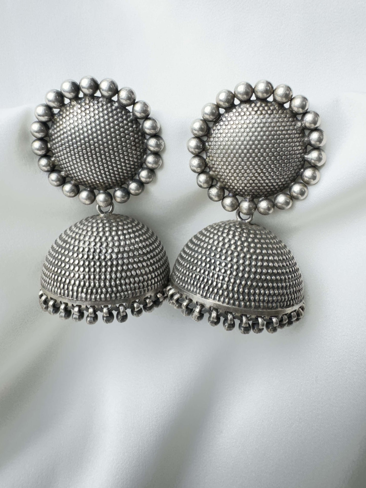 925 Silver Earrings| Silver Textured Round Jhumka Earrings