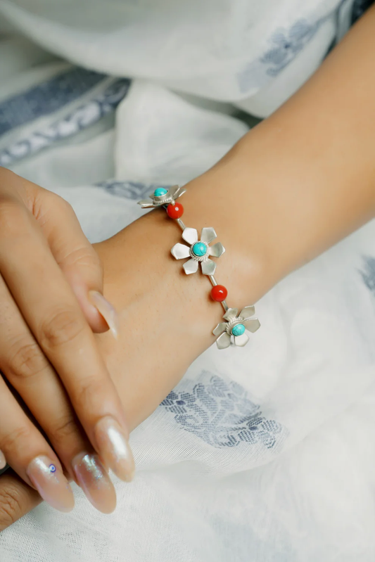 925 Silver Bracelet| Anokhi Silver Turquoise Coral Stone Bracelet(Single Piece)