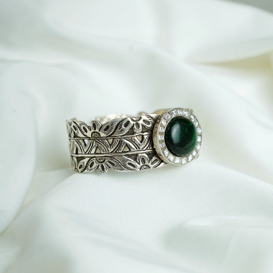 925 Silver Bangle| Anokhi Emerald Fusion Silver Openable Cuff