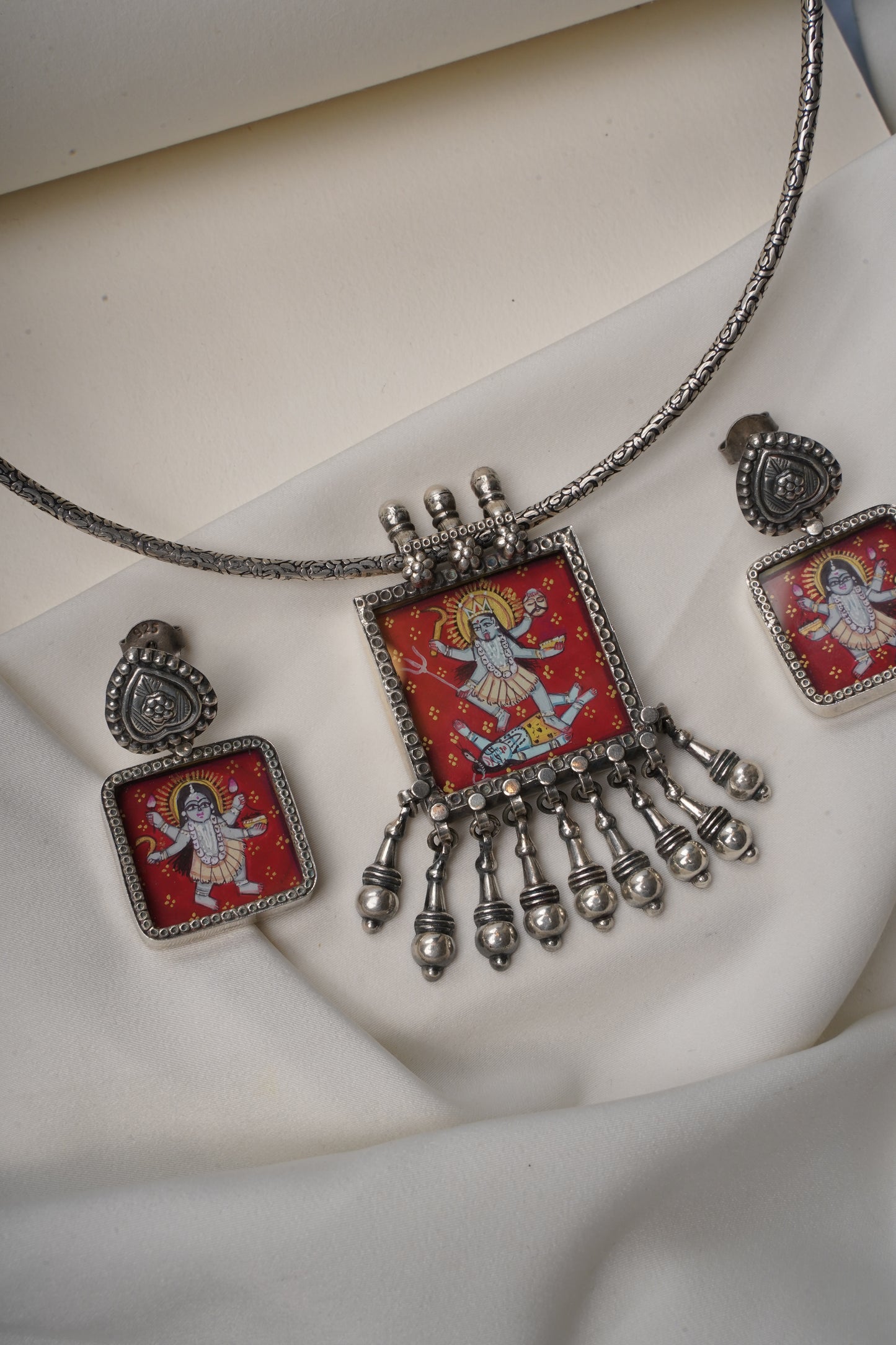 925 Silver Necklace| Hasthkala Handpainted Maa Kaali Necklace Set With Earrings