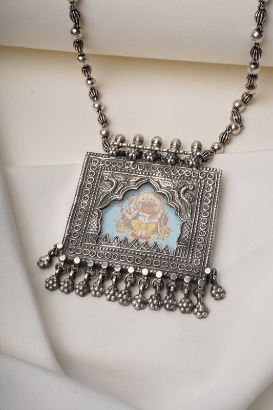925 Silver Necklace| Hasthkala Handpainted Silver Ganpati pendant