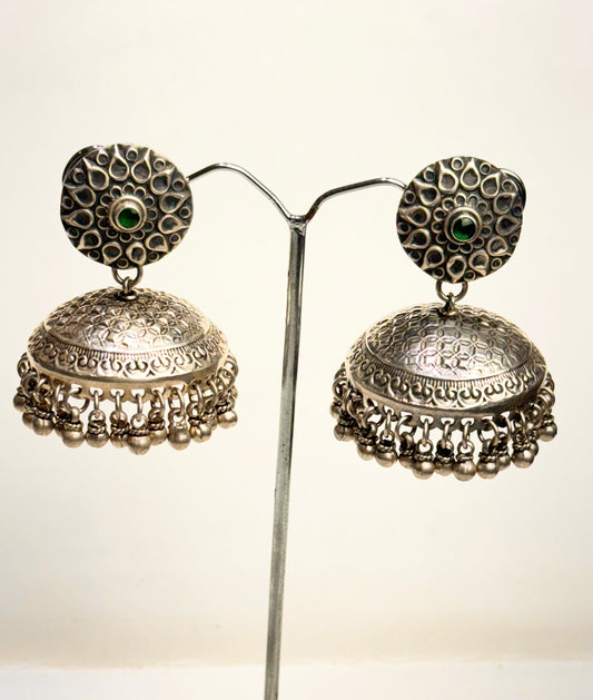 925 Silver Earrings| Tridha Phool Statement Silver jhumka Earrings