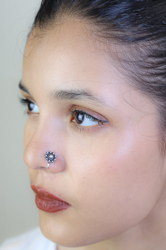 925 Silver Nosepin| Nazakat Silver Rawa Work Floral Nosepin ( Clip-on)