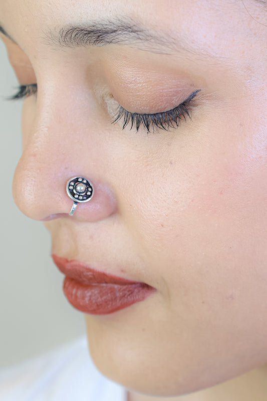 925 Silver Nosepin| Nazakat Rawa Work Round Nosepin (Clip-on)