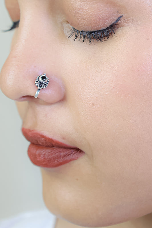 925 Silver Nosepin| Nazakat Paisley Black Onyx Nosepin( Clip-on)