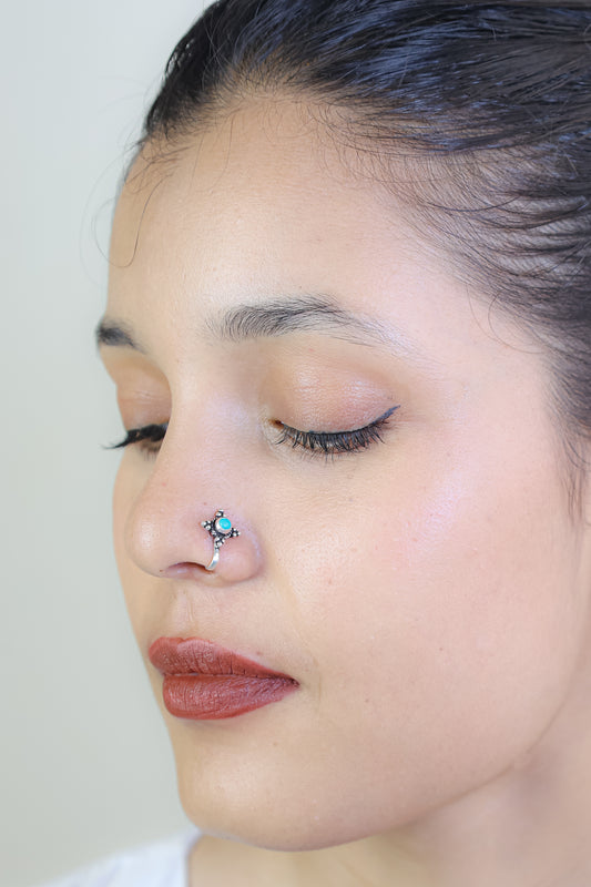 925 Silver Nosepin| Nazakat Tibetan Turquoise Silver Nosepin( Clip-on)