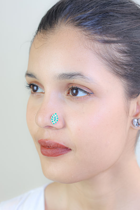 925 Silver Nosepin| Nazakat Statement Emerald Silver Nosepin( Wire)