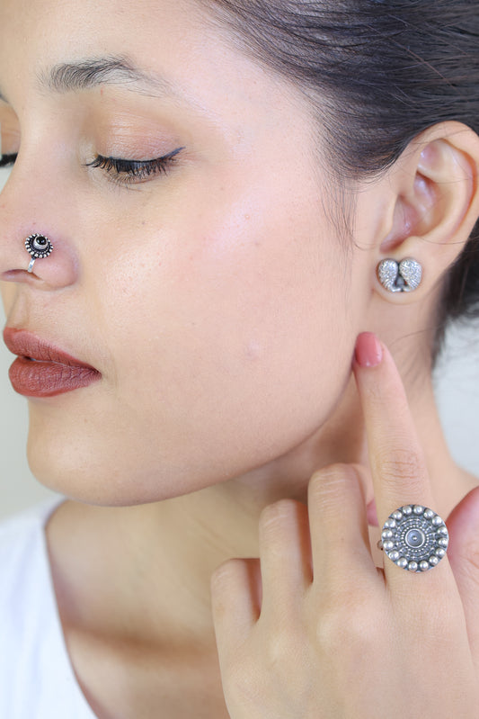 925 Silver Nosepin| Nazakat Round Silver Black Onyx Nosepin( Clip-on)