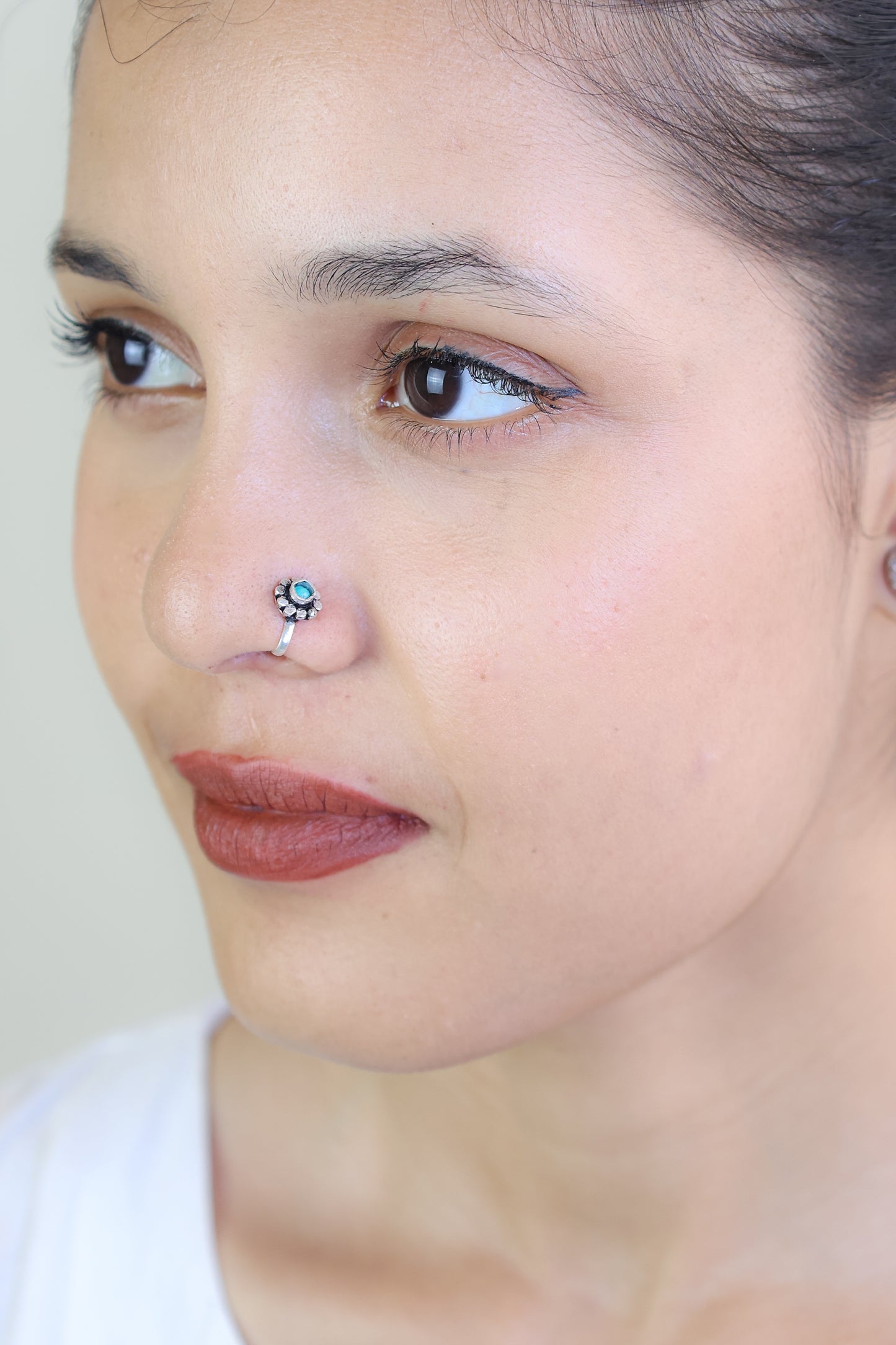 925 Silver Nosepin| Nazakat Tibetan Turquoise Round Silver Nosepin( Clip-on)