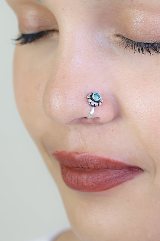 925 Silver Nosepin| Nazakat Tibetan Turquoise Round Silver Nosepin (Clip-on)