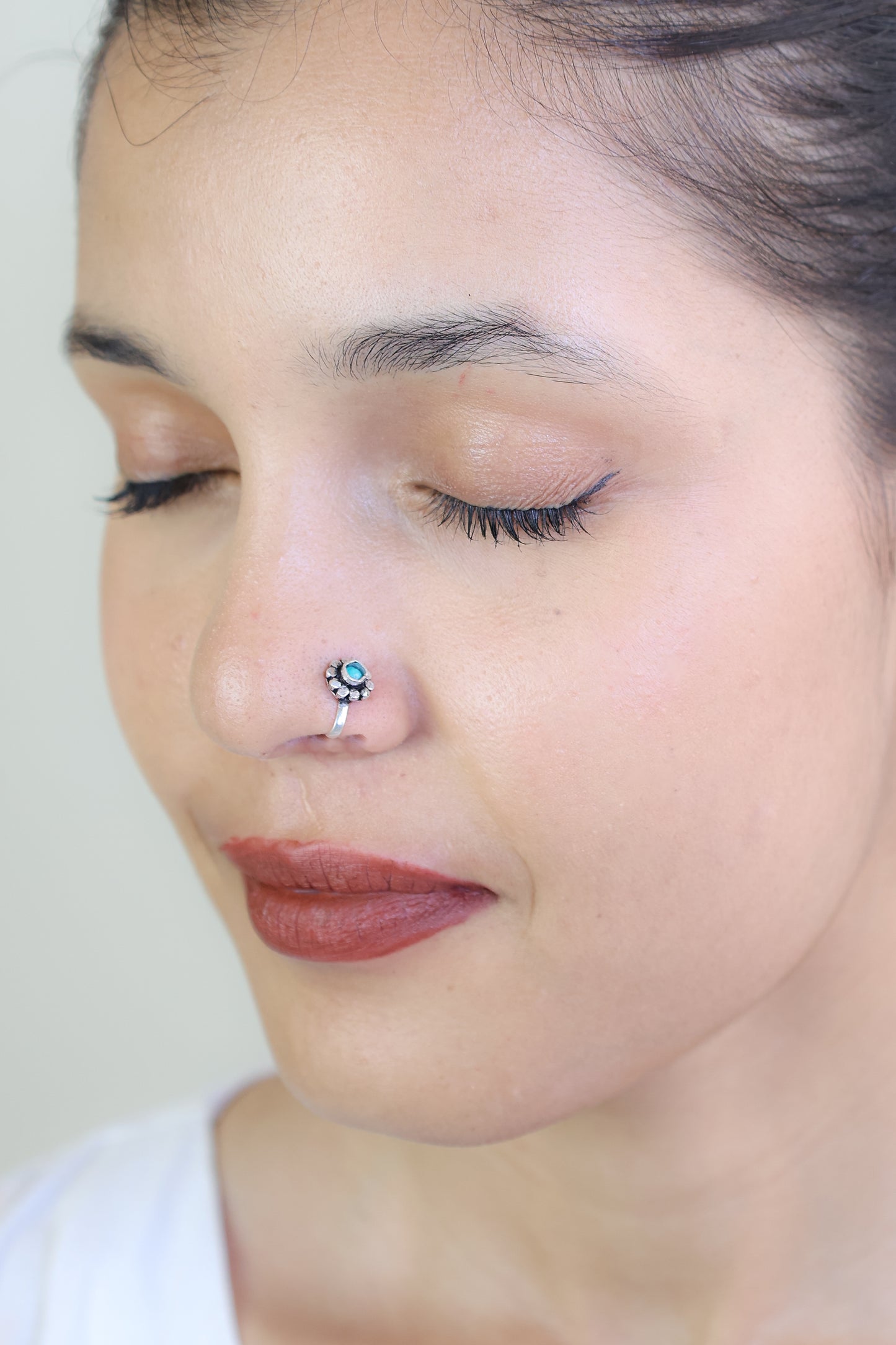 925 Silver Nosepin| Nazakat Tibetan Turquoise Round Silver Nosepin( Clip-on)
