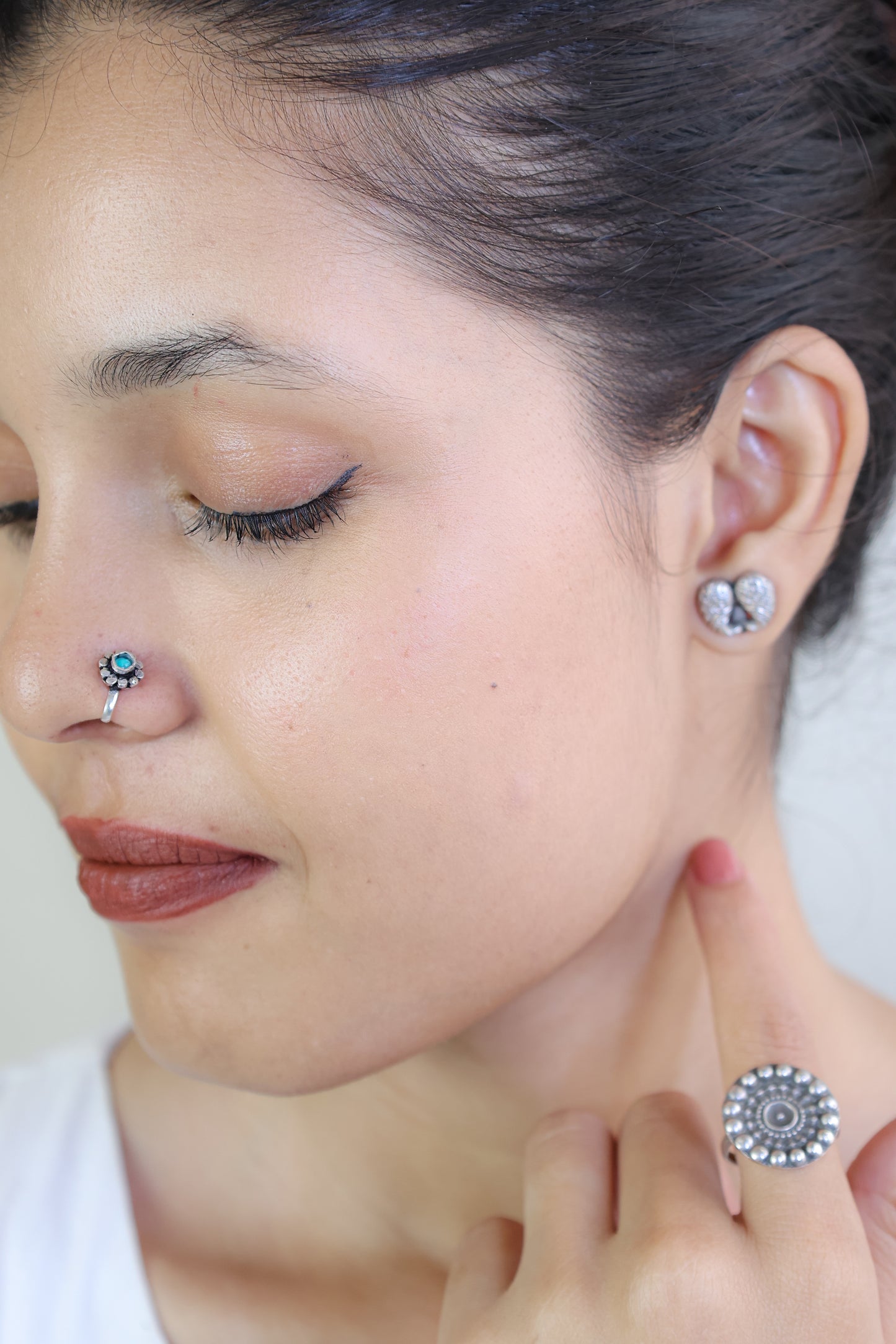 925 Silver Nosepin| Nazakat Tibetan Turquoise Round Silver Nosepin( Clip-on)