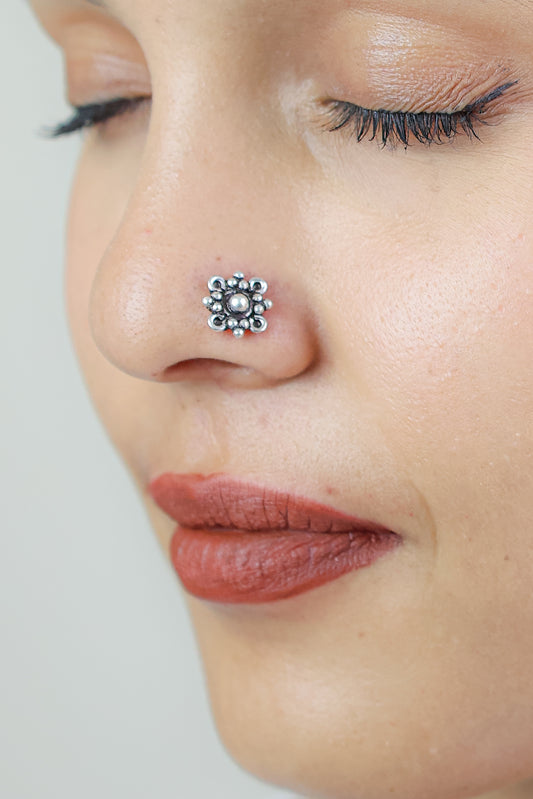 925 Silver Nosepin| Nazakat Tribal Flower Bloom Silver Nosepin( Clip-on)