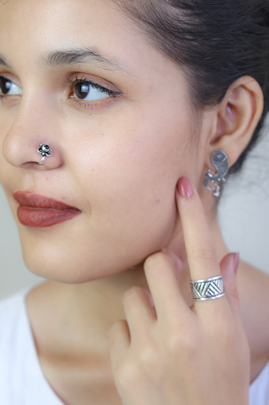 925 Silver Nosepin| Nazakat Tribal Triangle Silver Black Onyx Nosepin( Clip-on)