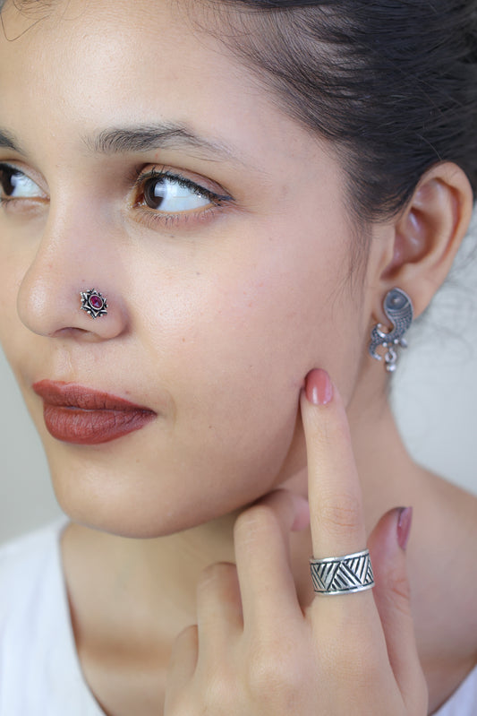 925 Silver Nosepin| Nazakat Sitara Silver Ruby Nosepin(Wire)