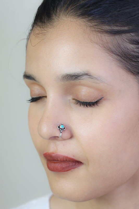 925 Silver Nosepin| Nazakat Turquoise Round Silver Nosepin (Clip-on)