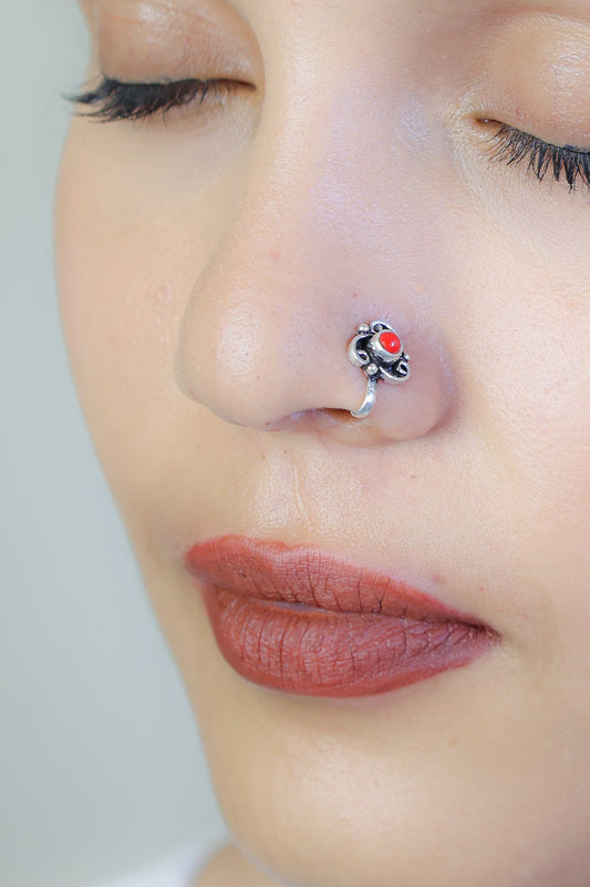 925 Silver Nosepin| Nazakat Coral Trikon Silver Statement Nosepin( Clip-on)