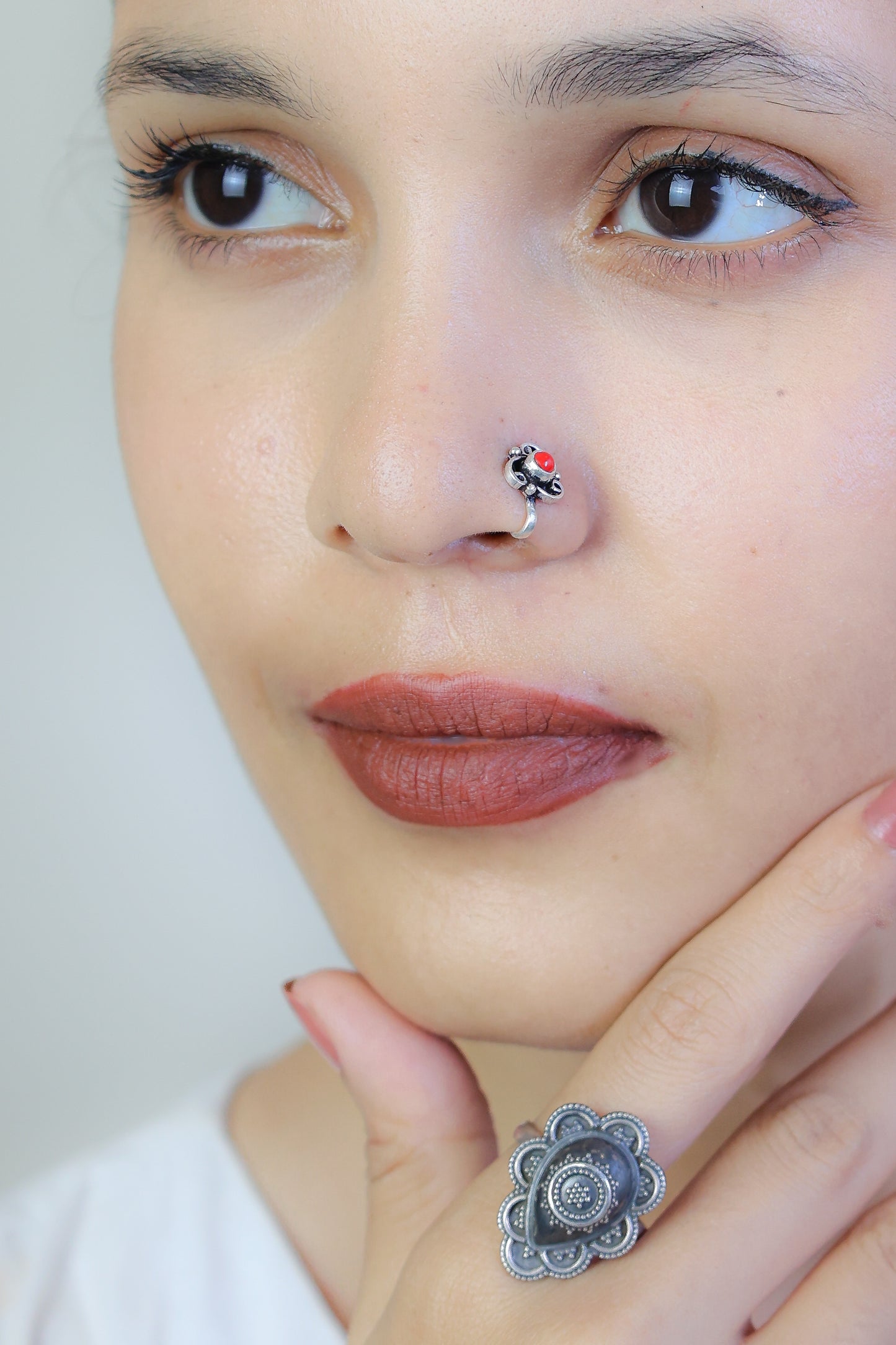 925 Silver Nosepin| Nazakat Coral Triangle Silver Statement Nosepin( Clip-on)