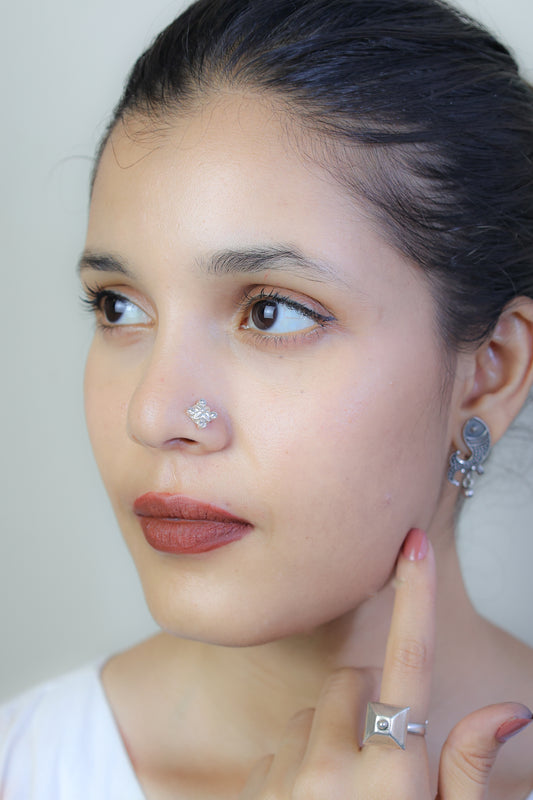 925 Silver Nosepin| Nazakat Elegant Zircon Floral Nosepin( Wire)