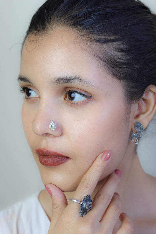 925 Silver Nosepin| Nazakat Zircon Paisley Silver Nose-pin ( Wire)