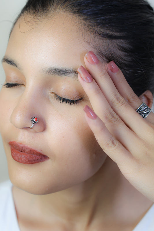 925 Silver Nosepin| Nazakat Coral Round Silver Nosepin( Clip-on)