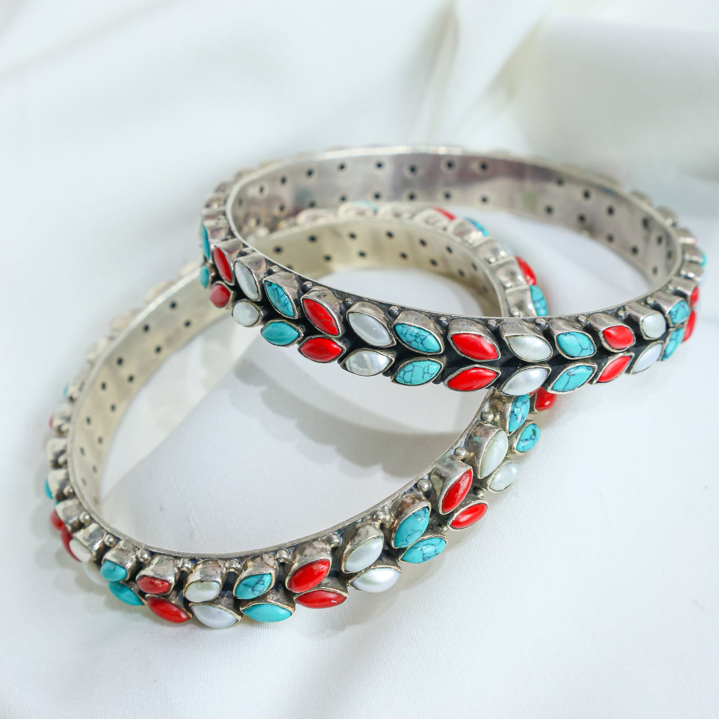 925 Silver Bangles|Aasma Silver Multicolour Semiprecious Cutstone Bangle