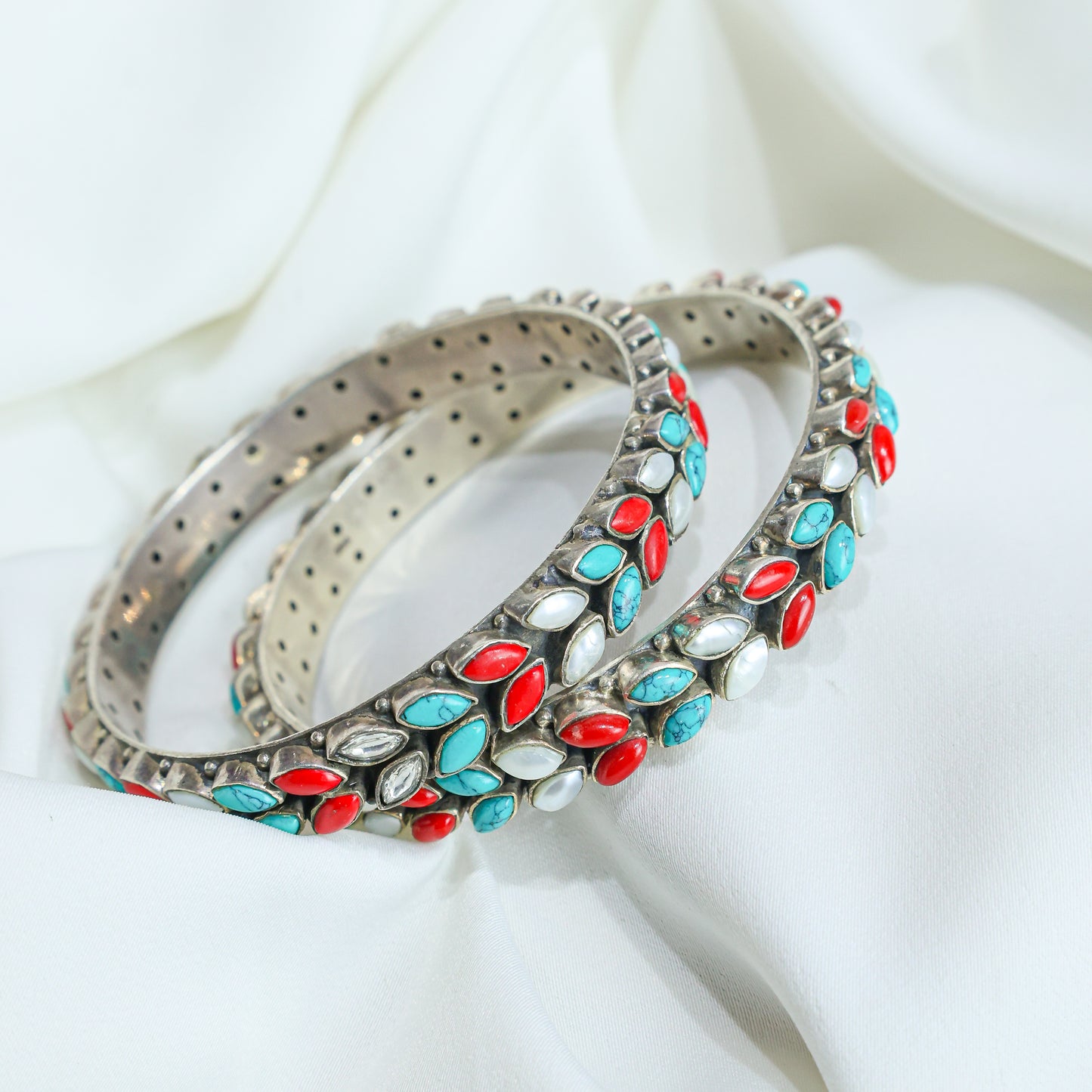 925 Silver Bangles|Aasma Silver Multicolour Semiprecious Cutstone Bangle