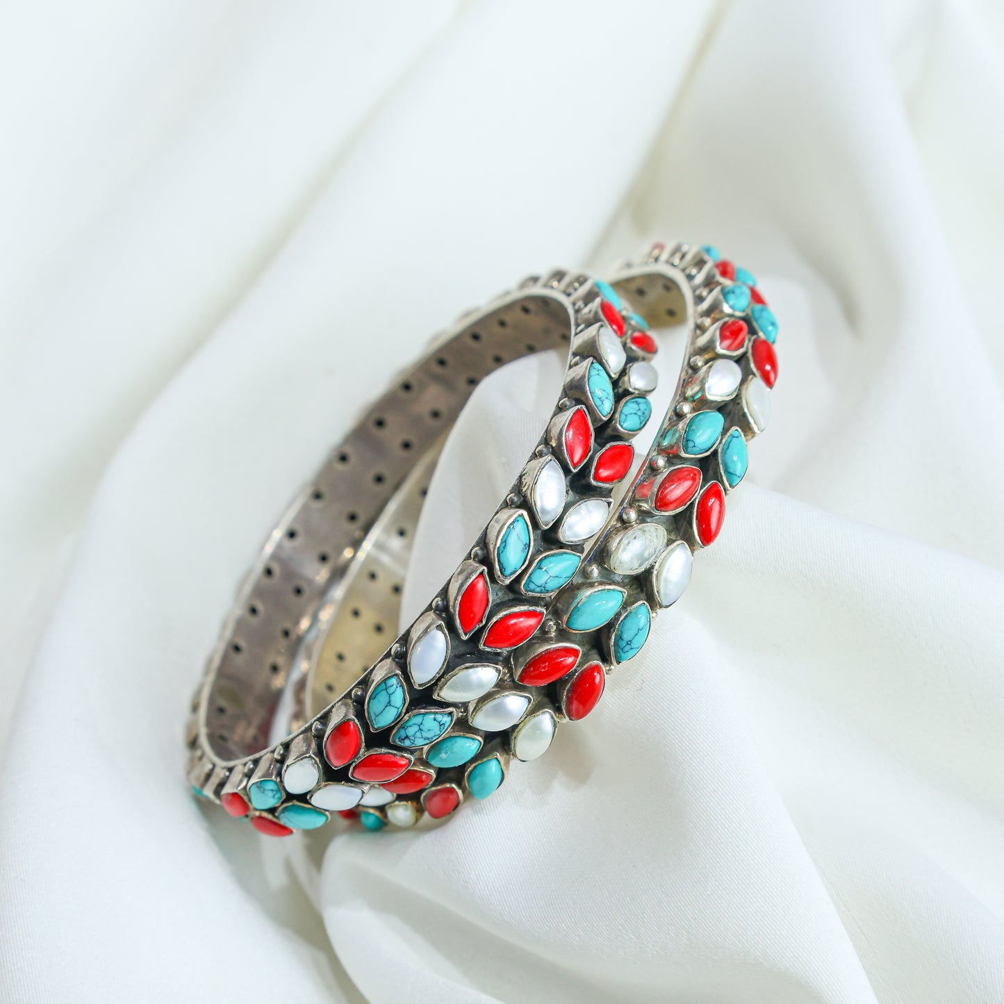 925 Silver Bangles|Aasma Silver Multicolour Semiprecious Cutstone Bangle
