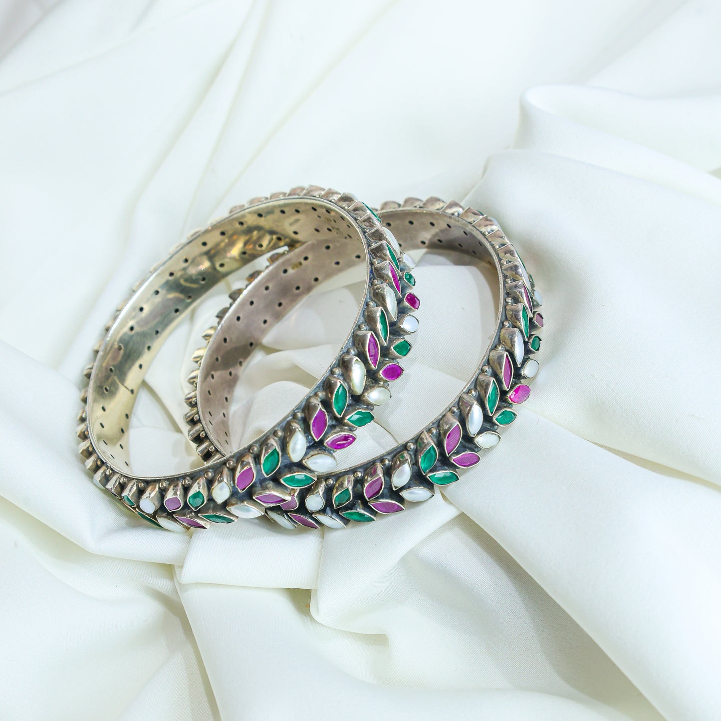 925 Silver Bangles| Aasma Silver Ruby&Emerald Semiprecious Cut-stone Bangles