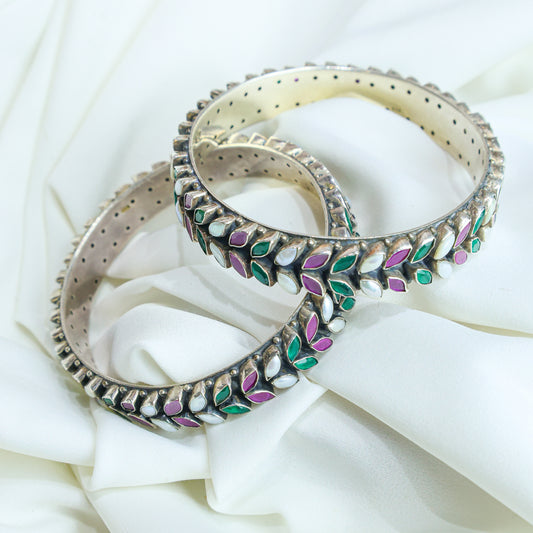 925 Silver Bangles| Aasma Silver Ruby & Emerald Semiprecious Stone Bangles (Single Piece)