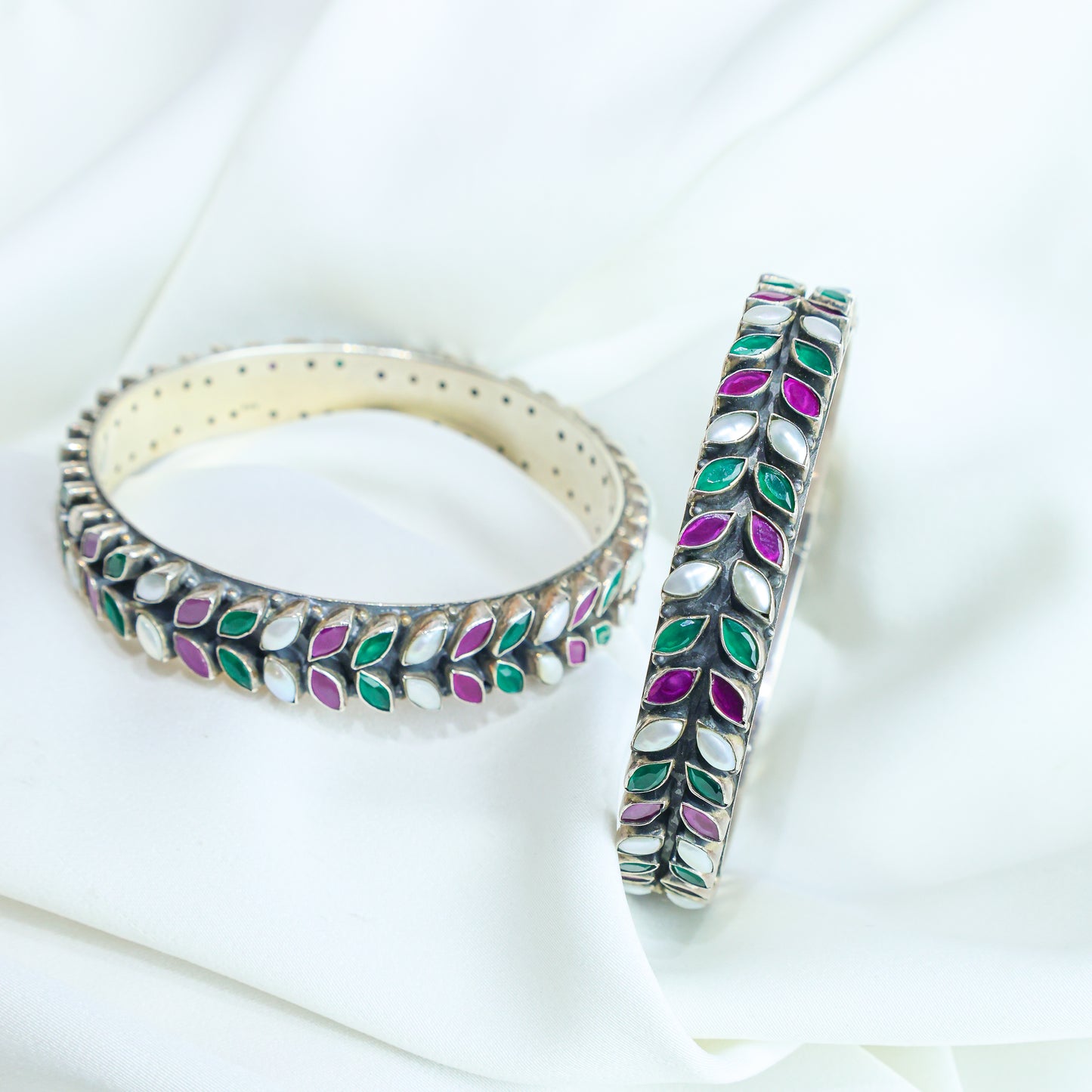 925 Silver Bangles| Aasma Silver Ruby&Emerald Semiprecious Cut-stone Bangles