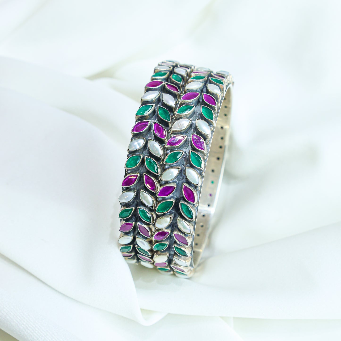925 Silver Bangles| Aasma Silver Ruby&Emerald Semiprecious Cut-stone Bangles