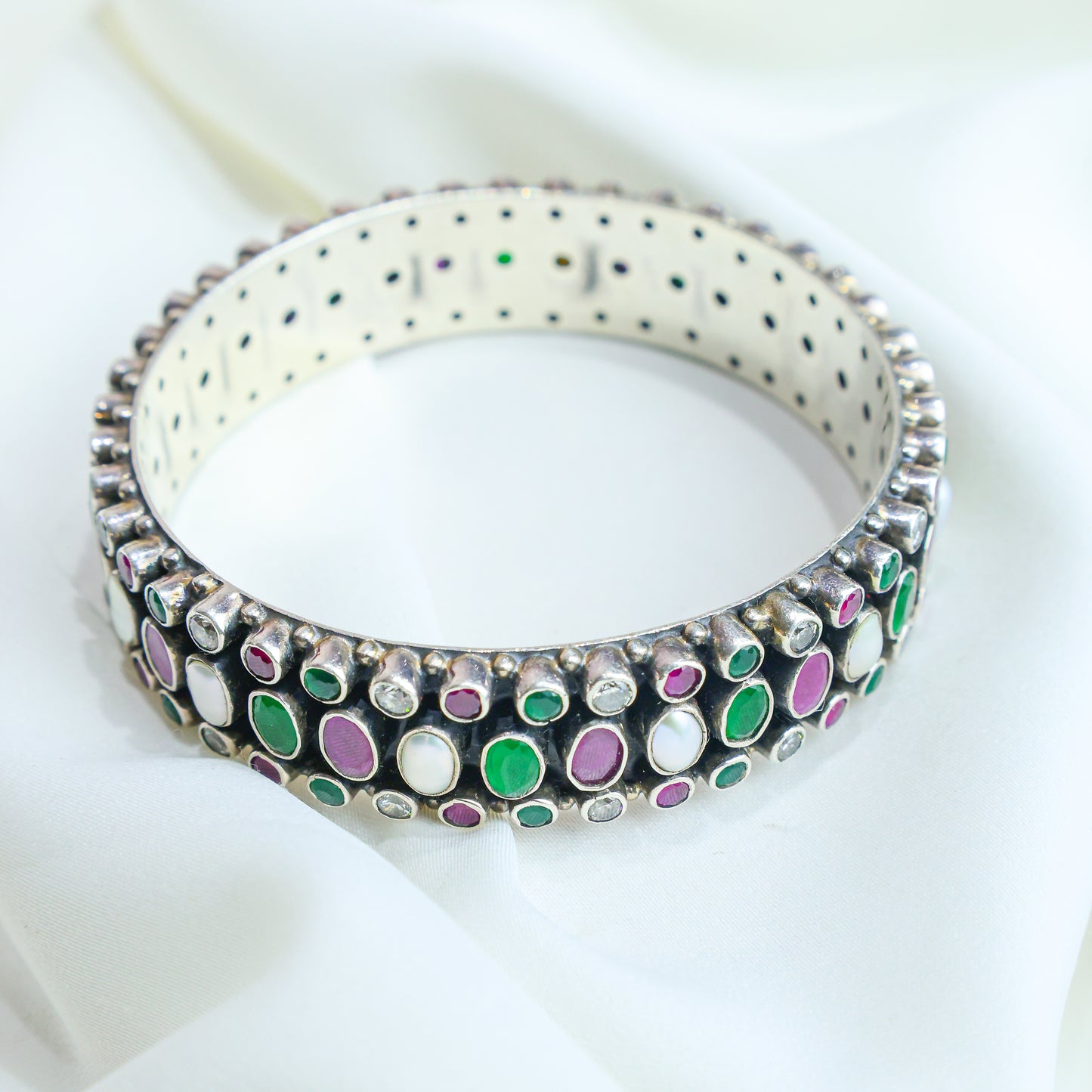 925 Silver Bangles| Aasma Silver Mutlicolour Semiprecious Cutstone Bangle