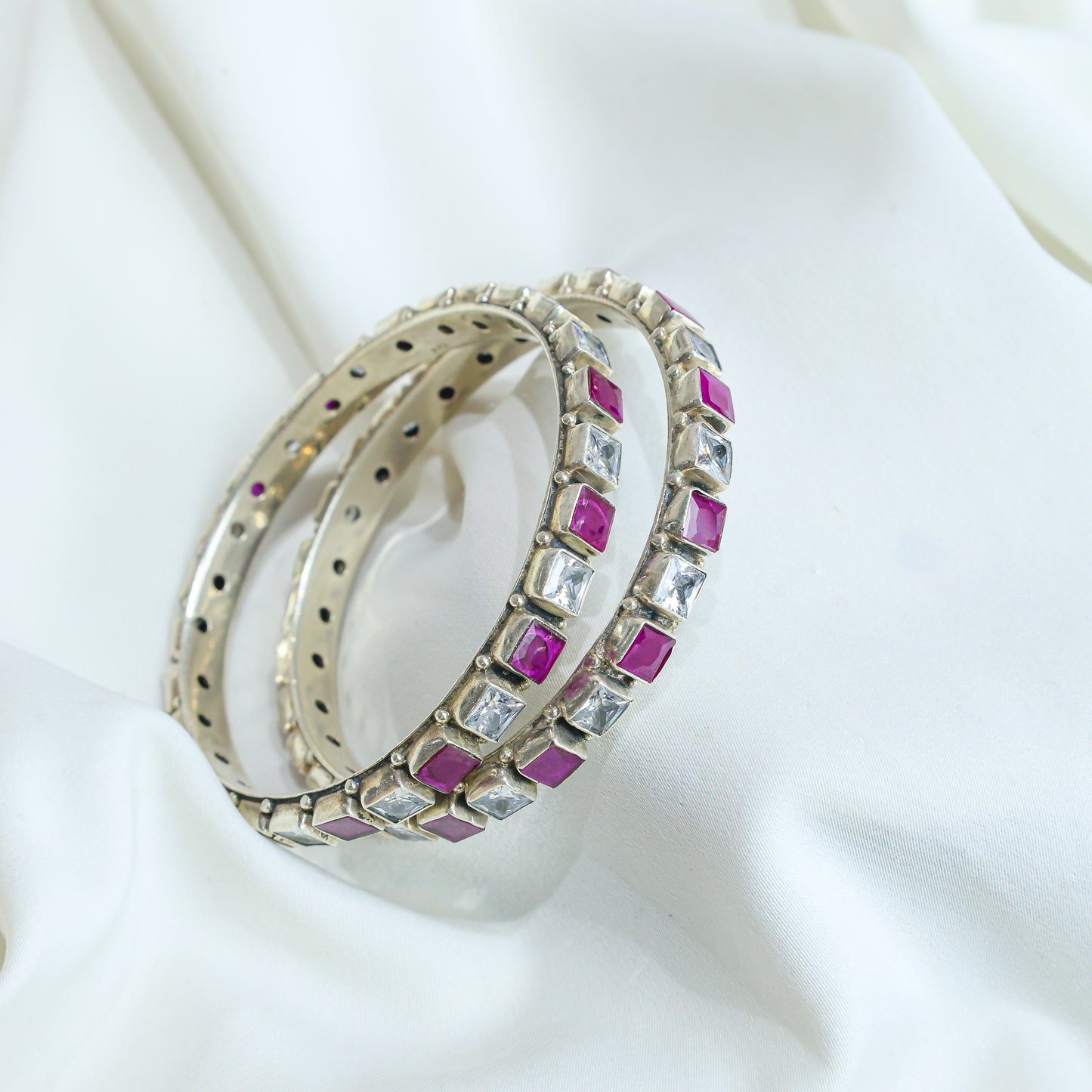 925 Silver Bangles|Aasma Ruby&Zircon Semiprecious Cut-stone Bangles