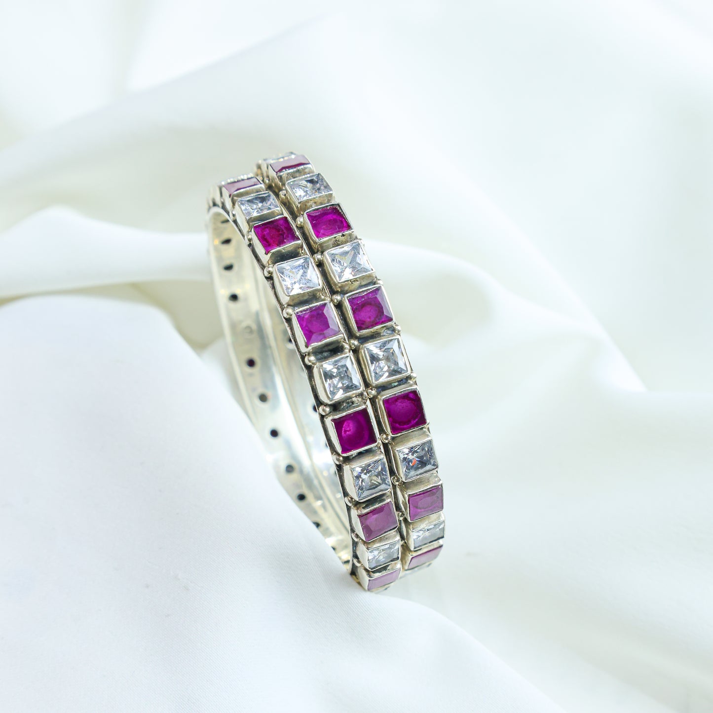 925 Silver Bangles|Aasma Ruby&Zircon Semiprecious Cut-stone Bangles