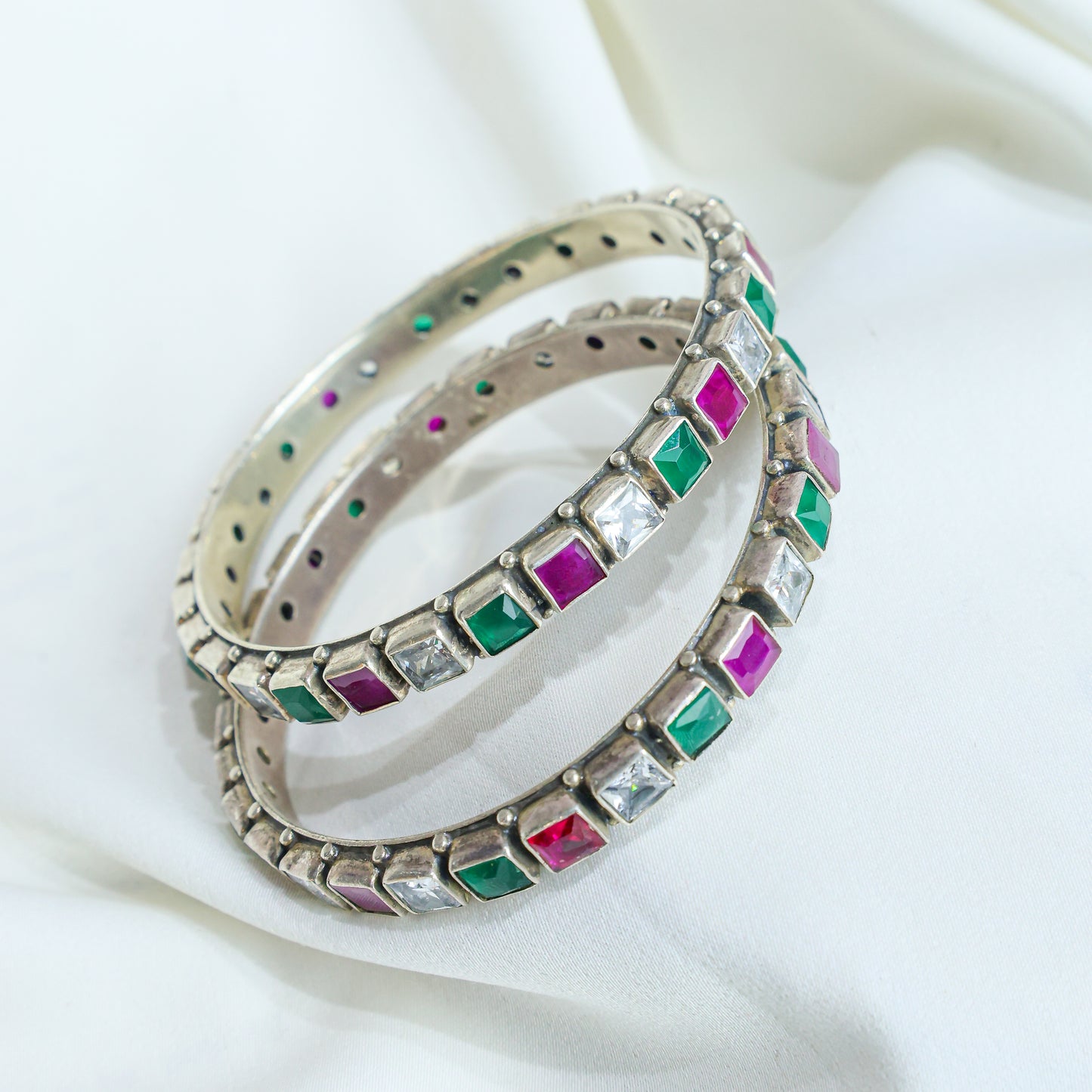 925 Silver Bangles| Aasma Silver Multicolour Semiprecious Cut-stone Bangle