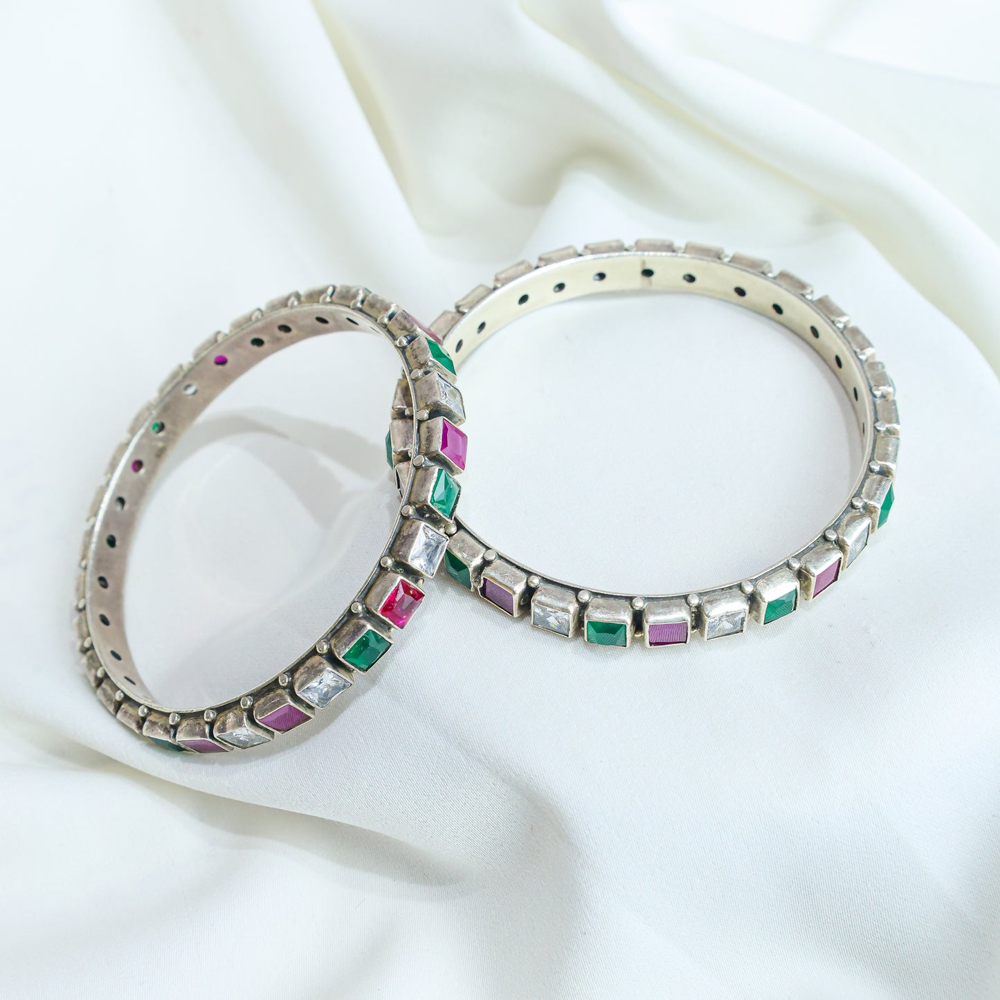 925 Silver Bangles| Aasma Silver Multicolour Semiprecious Cut-stone Bangle