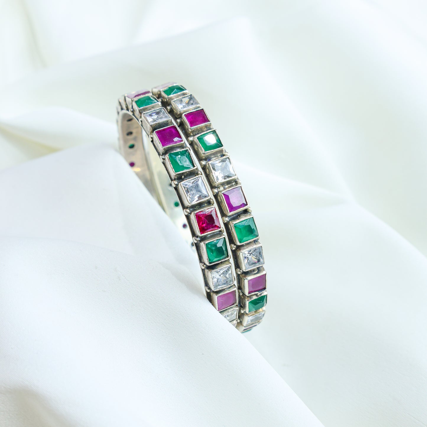 925 Silver Bangles| Aasma Silver Multicolour Semiprecious Cut-stone Bangle