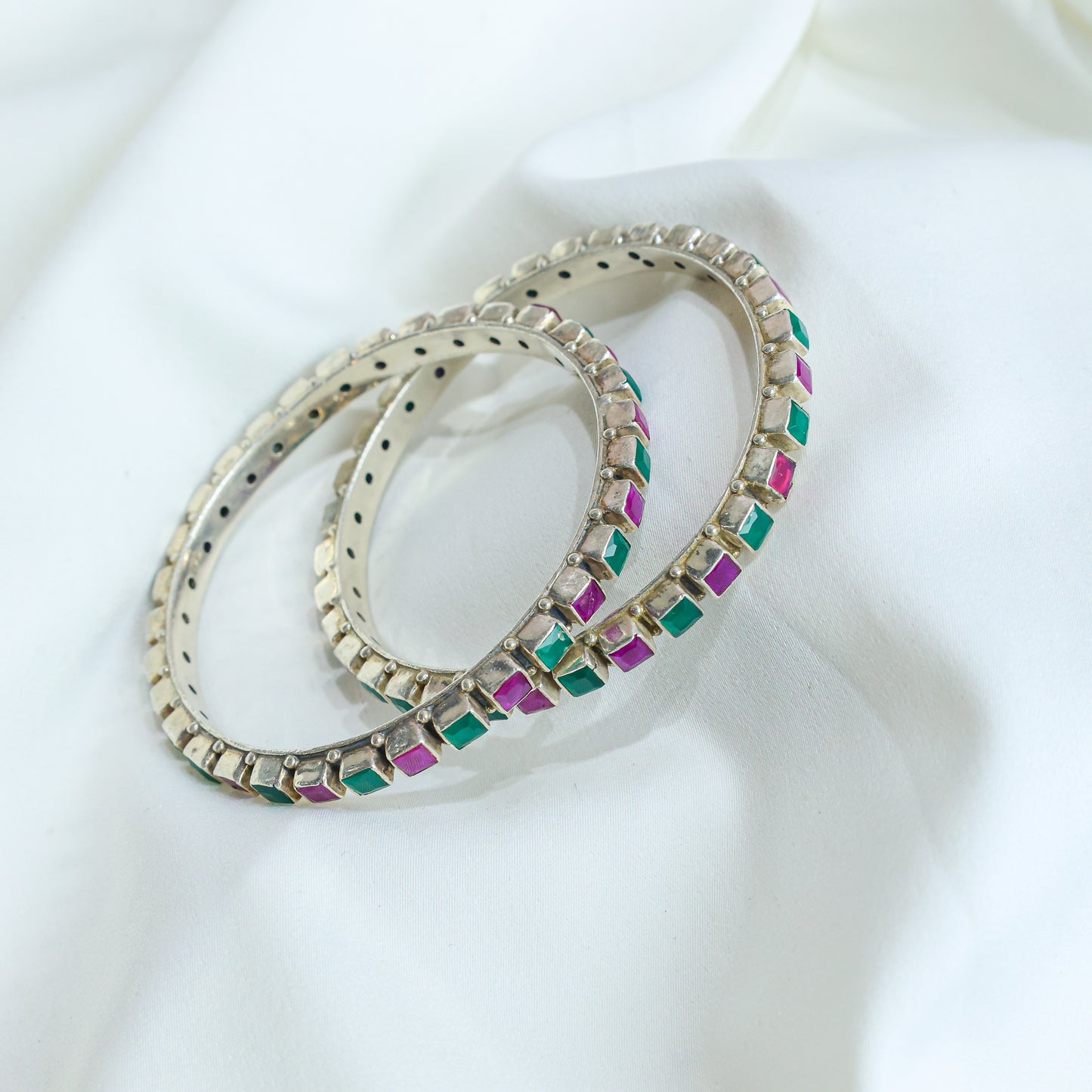 925 Silver Bangles| Aasma Silver Ruby&Emerald Semi precious Cut-stone Bangles