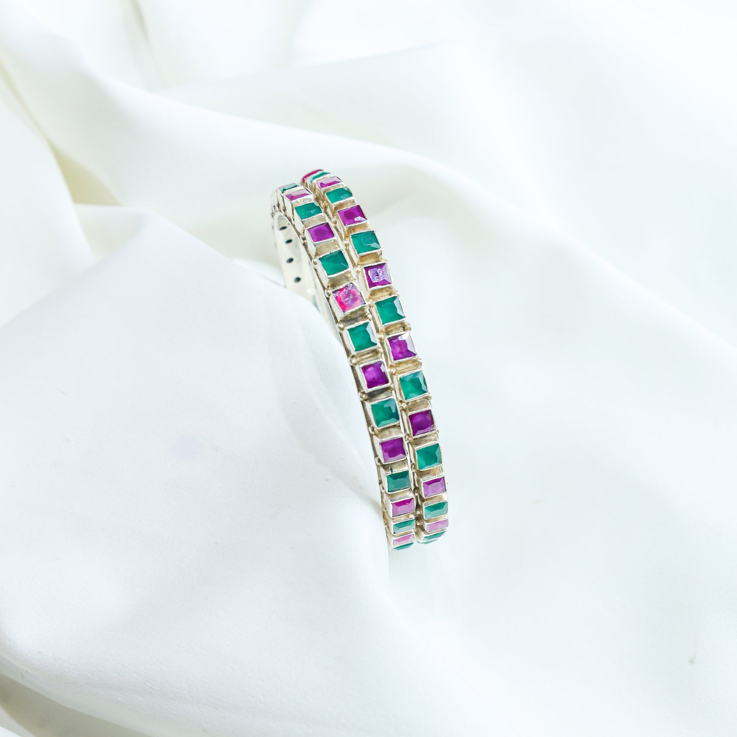 925 Silver Bangles| Aasma Silver Ruby&Emerald Semi precious Cut-stone Bangles