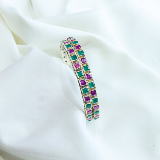 925 Silver Bangles| Aasma Semi Precious Ruby & Emerald Stone Silver Bangles(Single Piece)